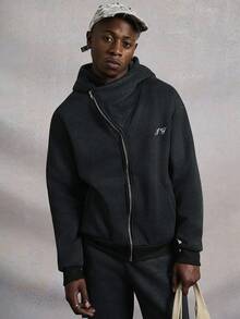 PAVTROS Men's Charcoal Gray Faux Washed Fabric Hoodie Set,Asymmetrical Zip-Up High Neck Thermal Lined Streetwear,Autumn Holiday Halloween Rapper Clothing - Black - View 6