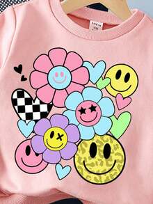 SHEIN Leap Crew 微笑、豹纹、心形、花卉印花套头衫，适合年轻女孩，休闲宽松圆领柔软针织加厚上衣，适合秋冬季 - 粉色 - 查看 2