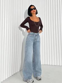 EURMUSE WOMEN WIDE LEG HIGH WAIST JEANS Y2k Jeans Oversized Jeans Wide Leg Jeans Baggy Jeans Baggy Jeans Y2k Kizn 2000s Style - Medium Wash - View 3