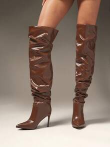SHUZIA حذاء بكعب عالي بتصميم الساق الطويل من الجلد الصناعي PU بتصميم مريح وأنيق مناسب للمناسبات الخاصة مثل عيد الهالوين والشتاء والأعياد - شوكولاته بني - مشاهدة 4