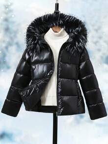 SHEIN Chaqueta con capucha y cintura ceñida engrosada de moda para niña preadolescente, adecuada para uso casual diario en otoño/invierno