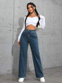 SHEIN PETITE 女式纯色简约日常牛仔裤 - 深色水洗藍 - 查看 5