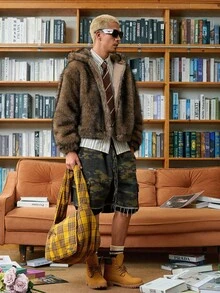 STEELVANCE 男士冬季长袖拉链休闲连帽仿皮草大衣，秋季