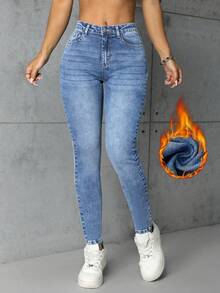 SHEIN ICON Women's Slim Fit Casual Thermal Lined Blue Denim Jeans - Light Wash - View 4