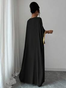 Elenzga 女式宽松 V 领蝙蝠袖连衣裙，带贴花装饰，优雅