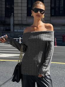 Livesso Women's Sexy Off Shoulder Ribbed Knit Sweater, Fitted Silhouette, Casual & Fashionable, Suitable For Autumn & Winter - Grey - View 2