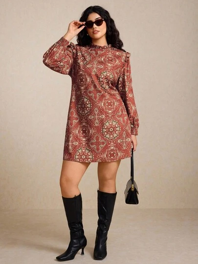 Elaquor 秋季大码复古简约花卉印花荷叶边拼接H字裙女装