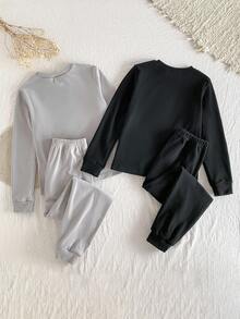 SHEIN 4件套女童优雅简约黑灰蝴蝶刺绣长袖上衣和裤子保暖内衣套装 - 彩色 - 查看 2