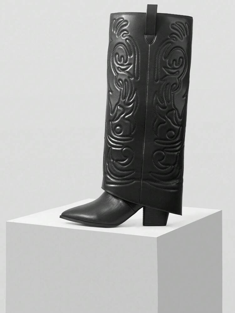 WOMEN'S NEW FASHION COMMUTER QUILTED CHUNKY HEEL POINTED TOE WESTERN COWBOY BOOTS