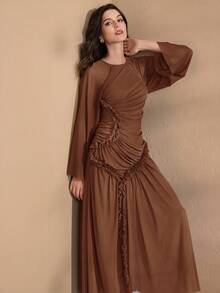 Graceveil Women's Extra Long Spring/Summer Mesh Knit Ruffle Hem Split Modest Elegant Charming Fashion Dress - Coffee Brown - View 3