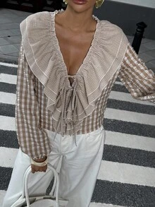 Pariaura Blusa de mujer vintage francesa de seersucker con estampado de cuadros, camisa marrón, camisa caqui, top marrón, para salir, top para salir, blusa elegante de mujer, vestido elegante de mujer, otoño de mujer, invierno de mujer, casual de negocios de mujer, elegante de mujer, blusa con volantes - Caqui - Ver 6