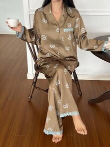 DAZY Satin Bow Print & Lace Patchwork Loose Women Pajama Set, Fall Clothes - Brown - View 6
