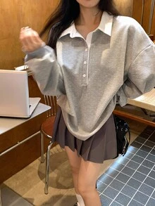 DAZY 女式二合一韩版波点印花长袖上衣，秋冬 - 灰色 - 查看 1