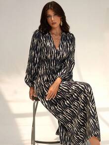 Almamuse Women's Elegant Zebra Pattern Jacquard Print Long Lantern Sleeve Dress - Multicolor - View 6