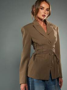 MISSGUIDED 女士紧身胸衣风格西装外套系带腰部专业办公室商务西装外套双排扣修身长袖秋冬时尚正装 - 棕色 - 查看 6