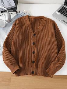 SHEIN Teen Boy Ribbed Texture Knit Cardigan, Casual Collegiate Style, Comfortable & Fashionable, Versatile & Practical, Soft Fabric, Suitable For Daily Wear, School, Outings, Outdoor Activities - Apricot - View 2