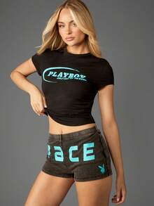 Missguided x Playboy 棉质徽标婴儿短袖短款上衣，带绿松石印花 - 黑色 - 查看 6
