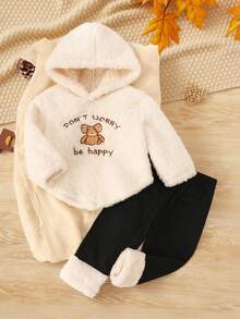 SHEIN 2 件女婴可爱熊图案刺绣蓬松连帽衫上衣和裤子套装，秋冬休闲装 - 彩色 - 查看 1