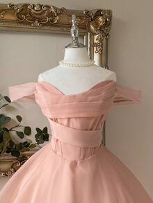 Lovelzi Thanh lịch, lãng mạn, ngọt ngào, duyên dáng, váy hở vai bằng vải organza màu hồng nhạt, có thể điều chỉnh được, thắt eo, thích hợp cho tiệc vũ hội, những dịp bán trang trọng, sinh nhật, khách dự tiệc cưới, tốt nghiệp - Màu Hồng  San hô - Xem 6