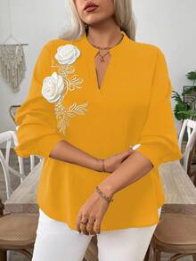 EMERY ROSE Plus Size Black Embroidered 3D Floral Rhinestone Decor Elegant Blouse For Women - Yellow - View 1