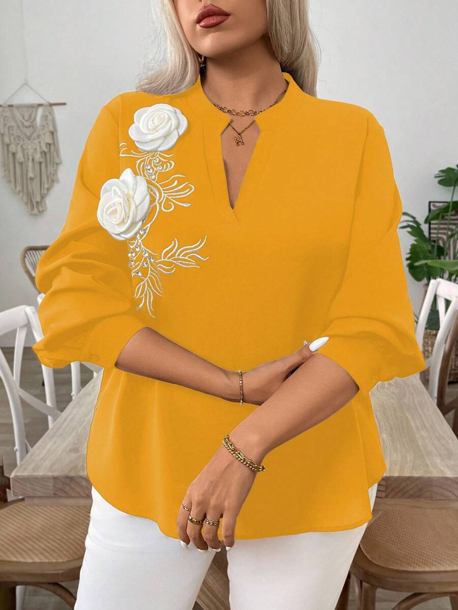 EMERY ROSE Plus Size Black Embroidered 3D Floral Rhinestone Decor Elegant Blouse For Women - Yellow - View 1
