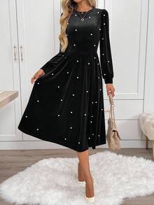 SHEIN LUNE Vestido largo de terciopelo casual con cuentas para mujer, vestido de terciopelo con adornos de perlas, vestido de terciopelo elegante, vestido midi negro, vestido elegante de manga larga, vestido midi elegante, vestido de terciopelo negro, vestido de fiesta de carnaval, conjunto de fiesta para mujer, vestido negro, vestido de otoño para mujer - Negro - Ver 5