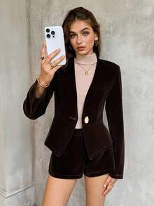 Lunelith SHEIN Lunessa Autumn Velvet Fitted Blazer & Shorts Suit Set
