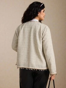 Elaquor 大码优雅通勤时尚都市现代女式飞行员夹克秋冬女装 - 杏色 - 查看 2