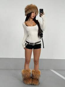 StreetHx 街头服饰女款露肩罗纹修身长袖毛衣，秋冬 - 白色 - 查看 2