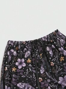 ROMWE Goth Pantalones de mujer con estampado de plantas del bosque oscuro gótico, cintura elástica y parches de encaje