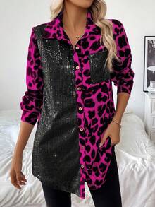 EMERY ROSE Áo sơ mi dài tay rộng rãi họa tiết da báo cho tiệc âm nhạc mùa thu đông thường ngày tại nhà ngày lễ hội màu đen đính nút sequin - Màu Hồng Tươi - Xem 3
