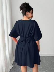 Elenzga 优雅V领收腰短款红色晚礼服，夏季休闲简约风格 - 藏蓝色 - 查看 2