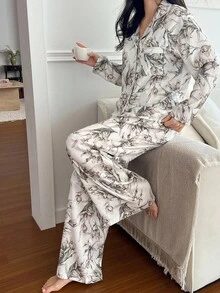 DAZY Charming Floral Print Women Pajama Set, Fall Clothes - White - View 5