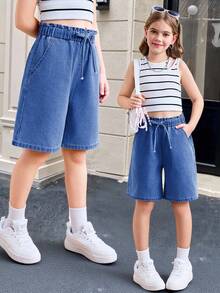 SHEIN Tween Girl Spring Summer Basic Casual High Waisted Loose Fit Ruffle Waist Drawstring Denim Shorts With Bowknot And Rolled Hem Pockets, Summer Beach Boho Vacation Comfortable Shorts, Summer Rave Concert Festival College Style - Dark Wash - View 7