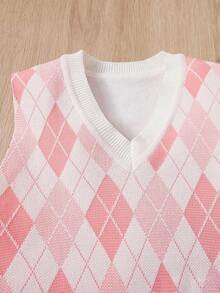 SHEIN Tween Girl Argyle Pattern Sweater Vest Young Girls' Casual Cute Colorful Drop Shoulder Bowknot Decor Round Neck Knitted Sweater, Soft And Comfortable, Suitable For Daily Wear, Outdoor, Travel, Vacation, Home, Nursery, Playtime, School - Multicolor - View 9