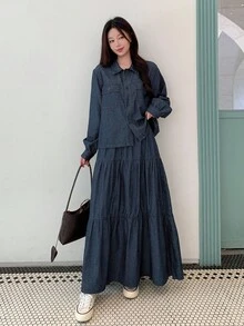 DAZY Women's Short Lapel Cardigan And Long Denim Skirt Casual 2 Pieces Set Fall/Winter