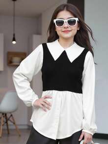 Sparklyn 青少年女孩休闲拼布撞色长袖荷叶边领衬衫
