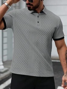 Manfinity Homme Men's Contrast Color Casual Short Sleeve Polo Shirt Grey Knit Short Sleeve Polo Mens Grey Knit Polo Mens Short Sleeve Grey Polo Mens Textured Polo Shirt Men Knit Polo Shirt