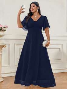 Elenzga Plus Size Elegant Navy Blue Summer Wedding Chiffon Shirred Short Sleeve Waist Tie Flared Maxi Dress,Commuter Casual Versatile Comfortable Fabric - Navy Blue - View 7