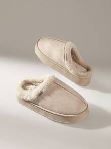 Solecia 女士厚底毛绒拖鞋，保暖毛绒衬里，防滑，适合室内/室外使用，冬季时尚休闲纯色家居鞋 - 米色 - 查看 2