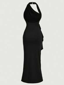 Girlism 少女无袖紧身不对称下摆开衩派对圣诞晚礼服 - 黑色 - 查看 2