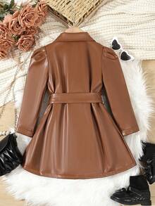 SHEIN Elladie kids Young Girls Casual Fashion Leather Single-Breasted Jacket Fall Winter - Brown - View 2