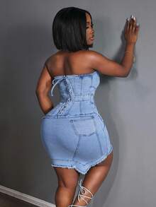 Slaydiva Đầm hở lưng denim cỡ lớn - Màu xanh lam - Xem 2