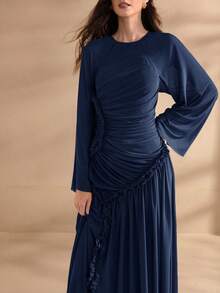 Graceveil Women's Extra Long Spring/Summer Mesh Knit Ruffle Hem Split Modest Elegant Charming Fashion Dress - Navy Blue - View 4