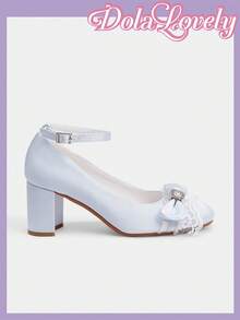 Dola Lovely Giày cao gót mũi vuông đế thô màu xanh dương dễ thương có họa tiết hoa bướm, ren ngọc trai giả và ngọc trai dành cho nữ, thích hợp làm quà tặng lãng mạn, cũng thích hợp cho các bữa tiệc, buổi tụ họp và Giáng sinh, Halloween, v.v. - Màu xanh lam - Xem 7