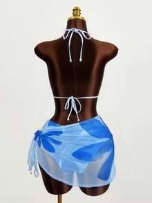 Zestiva 3件套女士花卉印花露背系带性感比基尼泳装，适合海滩度假 - 藍白色 - 查看 2