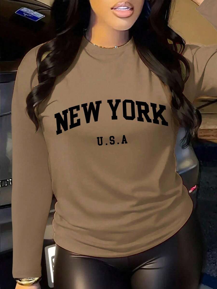 INAWLY 女士休闲印花字母圆领长袖 T 恤，秋季图案 T 恤女士春季上衣 - 棕色 - 查看 1