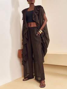 Zivah 2025秋季新品，适合生日派对、聚会、宴会、返校季、学院风、学生装、日常外出、基础百搭、休闲、邮轮旅行、时尚、街头服饰、优雅、通勤、商务休闲，宽松无袖侧开叉不对称下摆斗篷上衣搭配带口袋的阔腿裤，红棕色竖条纹纹理面料，女士两件套，秋季 - 鏽棕色 - 查看 7