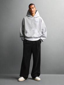 SUMWON 短款宽松版型加厚连帽衫，饰有品牌标志，采用法式毛圈面料，休闲街头风卫衣，冬季舒适居家服，罗纹袖口和下摆，纯色 - 淺灰色 - 查看 6