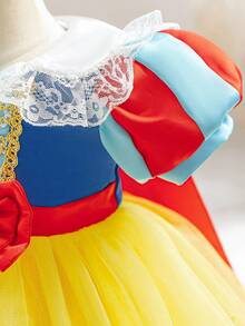 Glamorique Kids 女婴圣诞披肩连衣裙，公主薄纱泡泡袖连衣裙，黄色网眼花卉蕾丝边蝴蝶结礼服，秋冬新品 - 黃色 - 查看 8